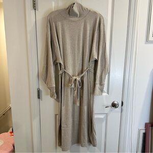 Prologue Turtleneck Ribbed Midi Dress with Tie in Cream